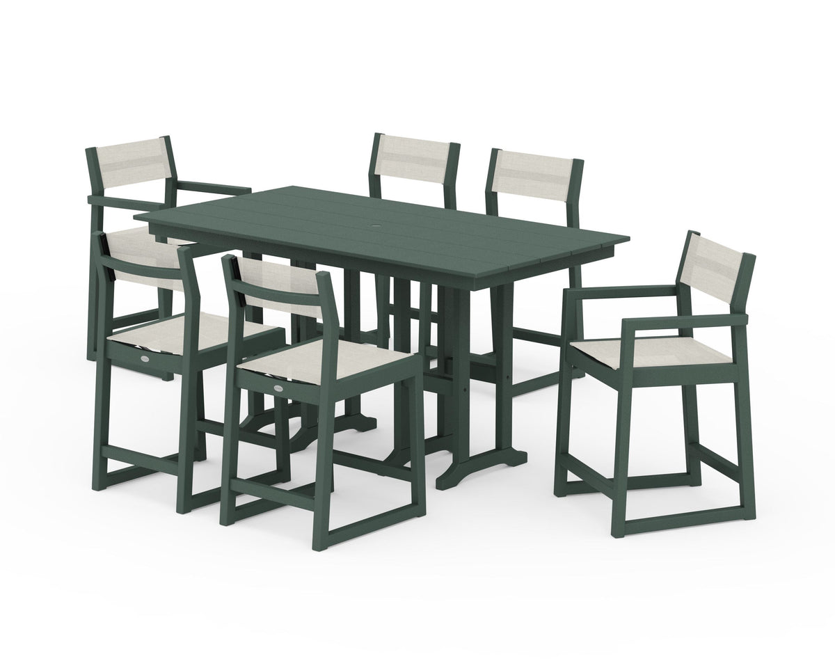 POLYWOOD EDGE Sling 7-Piece Farmhouse Counter Set with Trestle Legs in Green / Parchment