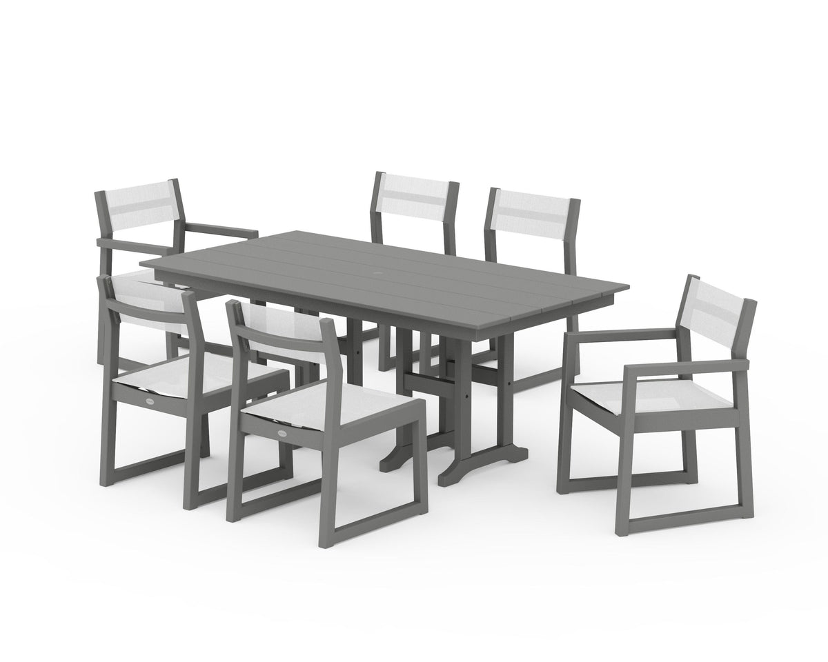 POLYWOOD EDGE Sling 7-Piece Farmhouse Dining Set in Slate Grey / White