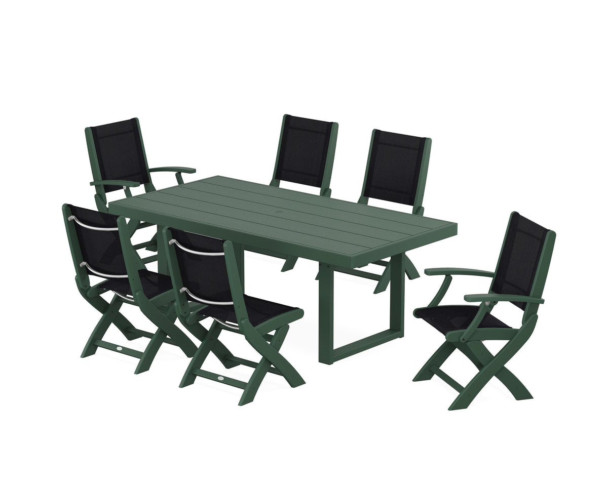 POLYWOOD Coastal Folding Chair 7-Piece Dining Set with Trestle Legs with EDGE 40" x 78" Dining Table in Green / Black