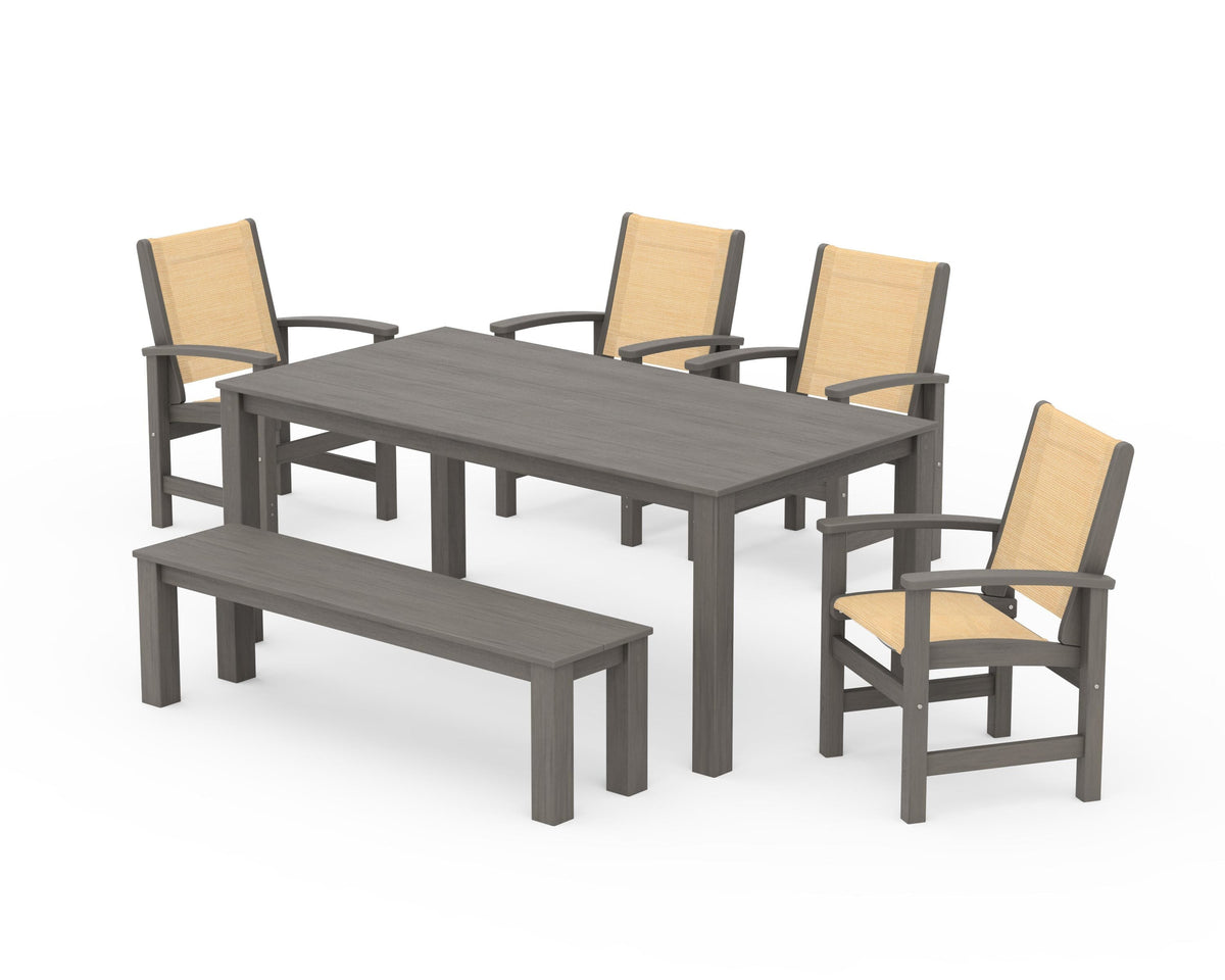 POLYWOOD Coastal 6-Piece Parsons Dining Set with Bench in Driftwood / Dupioni Apricot