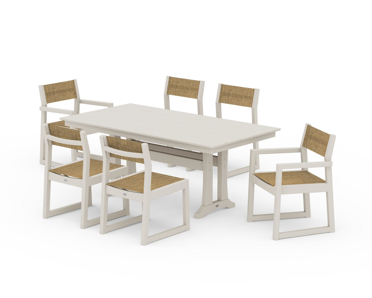 POLYWOOD EDGE Sling 7-Piece Farmhouse Trestle Dining Set in Sand / Burlap
