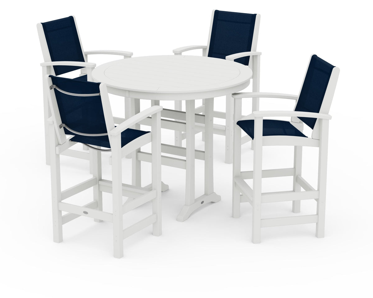 POLYWOOD Coastal 5-Piece Nautical Trestle Bar Set in Vintage White / Navy Blue
