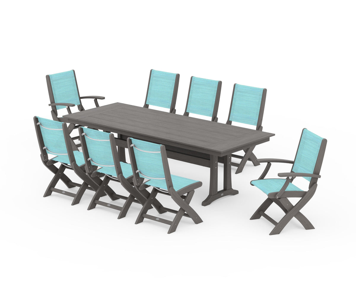 POLYWOOD Coastal 9-Piece Folding Dining Chair Farmhouse Dining Set with Trestle Legs in Driftwood / Dupioni Aquamarine