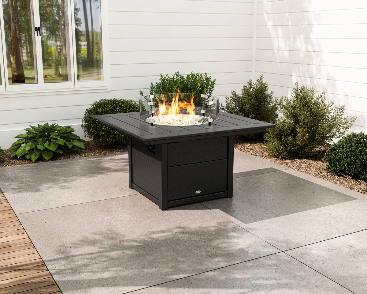 POLYWOOD Square 42" Fire Pit Table in Black styled outdoors