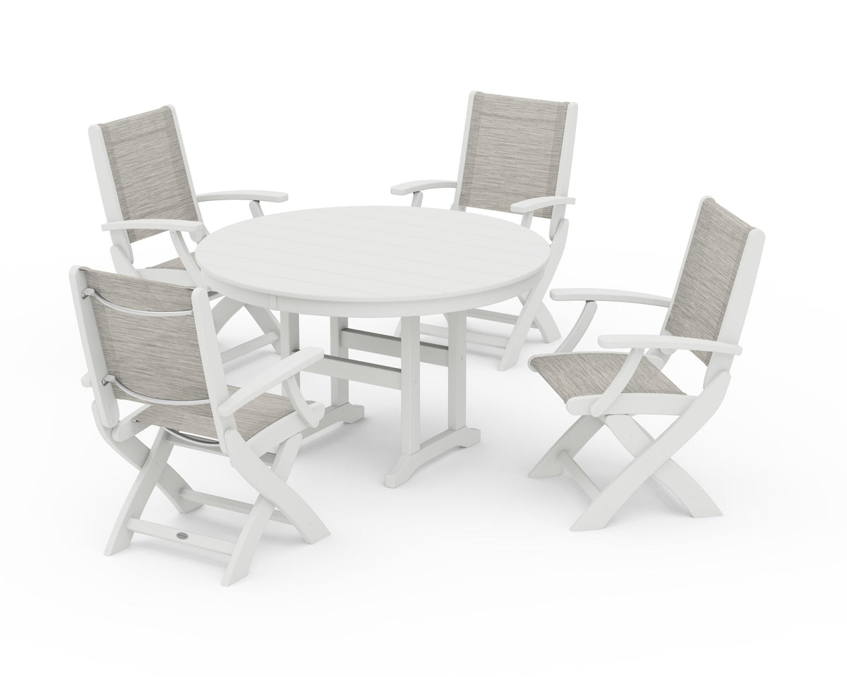 POLYWOOD Coastal Folding Chair 5-Piece Round Dining Set in Vintage White / Birch
