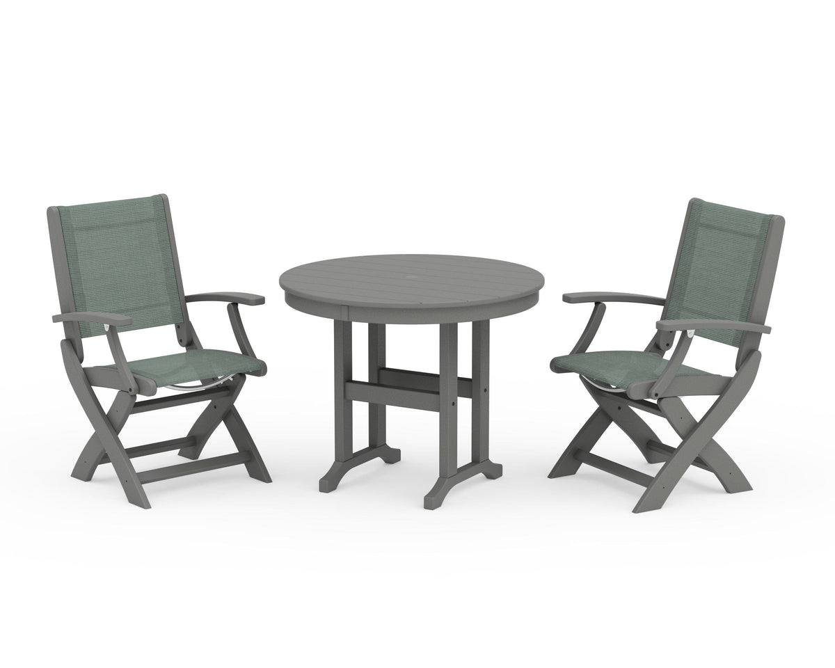POLYWOOD Coastal Folding Chair 3-Piece Round Dining Set in Slate Grey / Dupioni Sea Mist