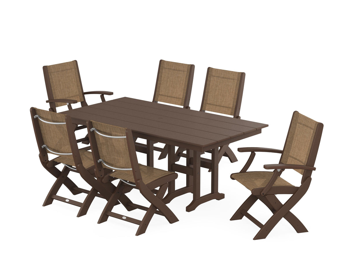 POLYWOOD Coastal Folding Chair 7-Piece Farmhouse Dining Set in Mahogany / Burlap