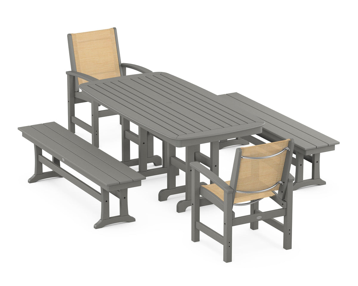 POLYWOOD Coastal 5-Piece Dining Set with Nautical 37" x 72" Dining Table in Slate Grey / Dupioni Apricot