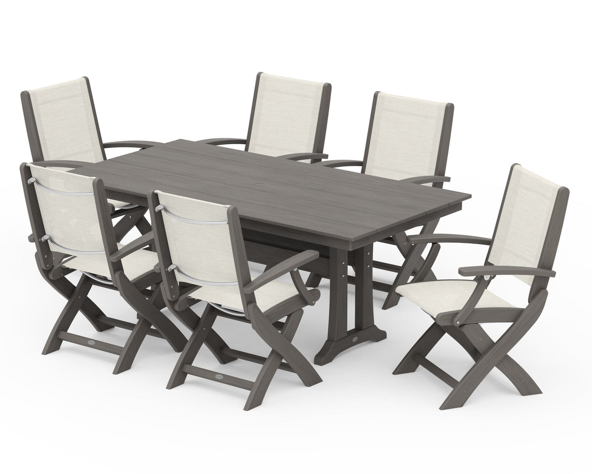 POLYWOOD Coastal Folding Arm Chair 7-Piece Farmhouse Dining Set with Trestle Legs in Driftwood / Parchment