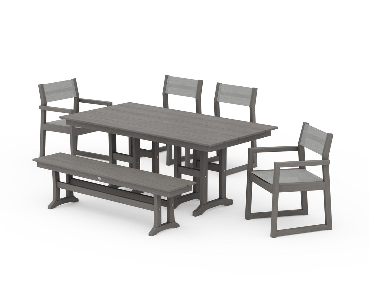 POLYWOOD EDGE Sling 6-Piece Farmhouse Dining Set in Driftwood / Metallic