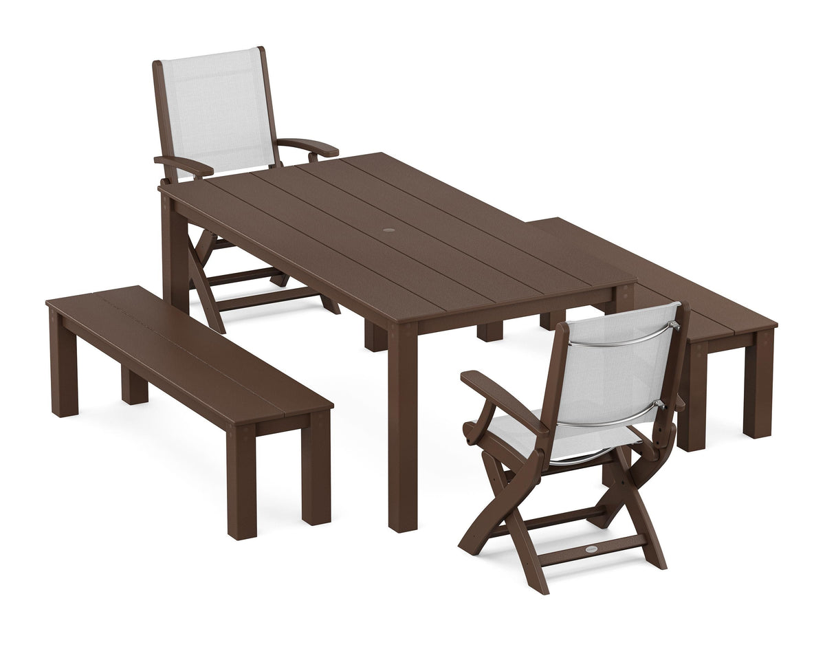 POLYWOOD Coastal Folding Chair 5-Piece Parsons Dining Set with Benches in Mahogany / White