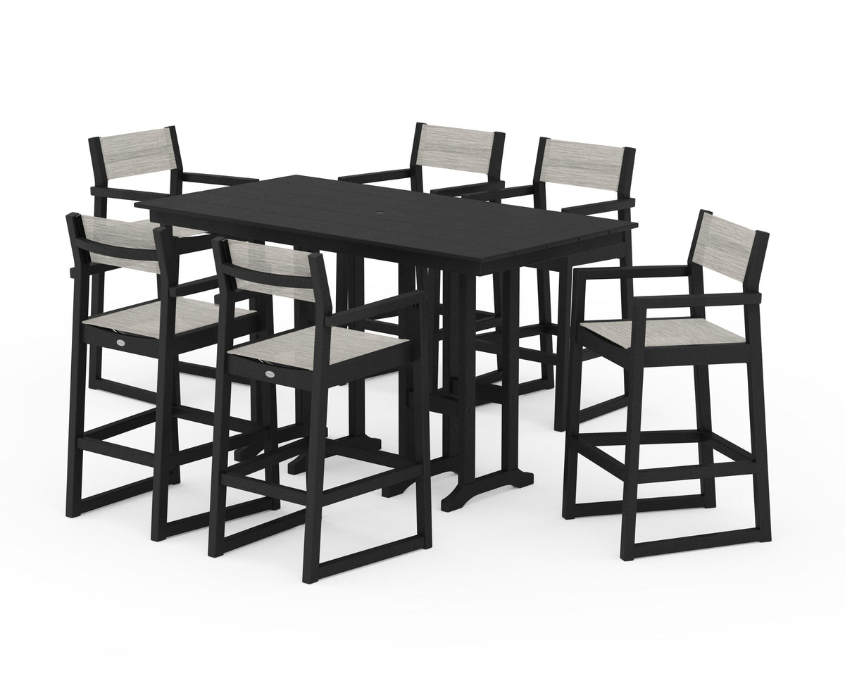 POLYWOOD EDGE Sling Arm Chair 7-Piece Farmhouse Bar Set in Black / Birch