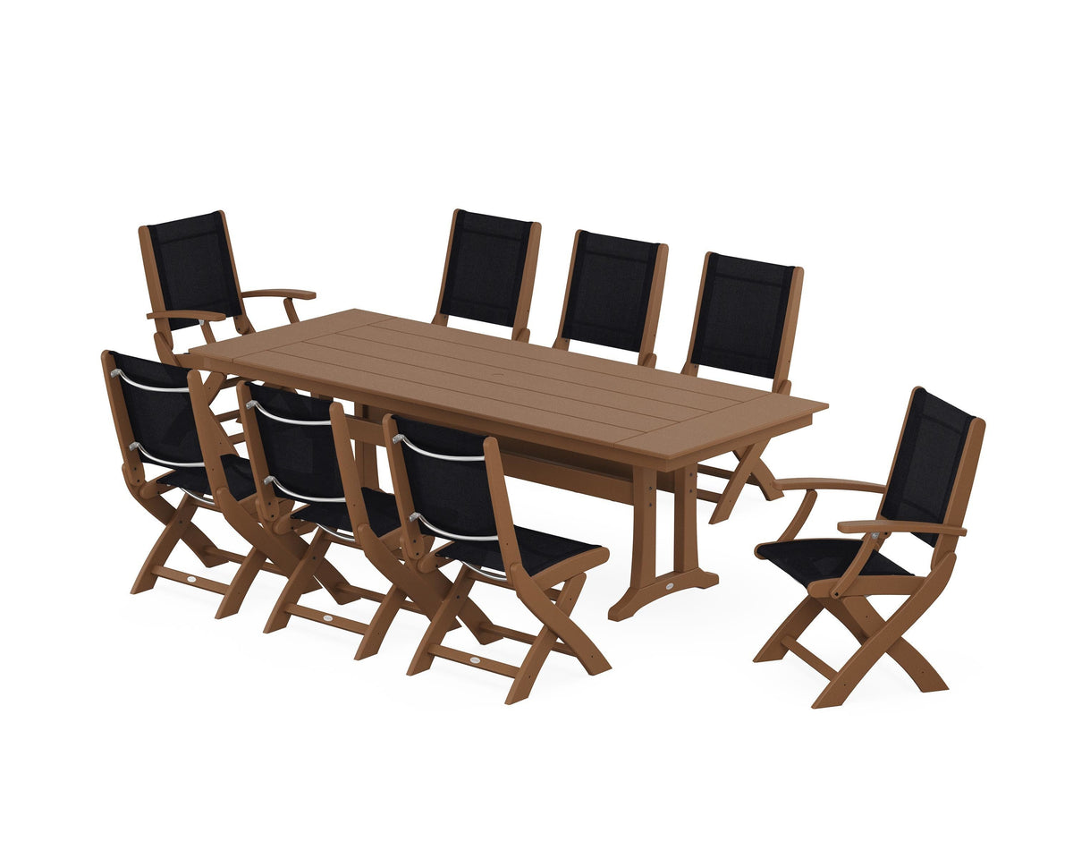 POLYWOOD Coastal 9-Piece Folding Dining Chair Farmhouse Dining Set with Trestle Legs in Teak / Black