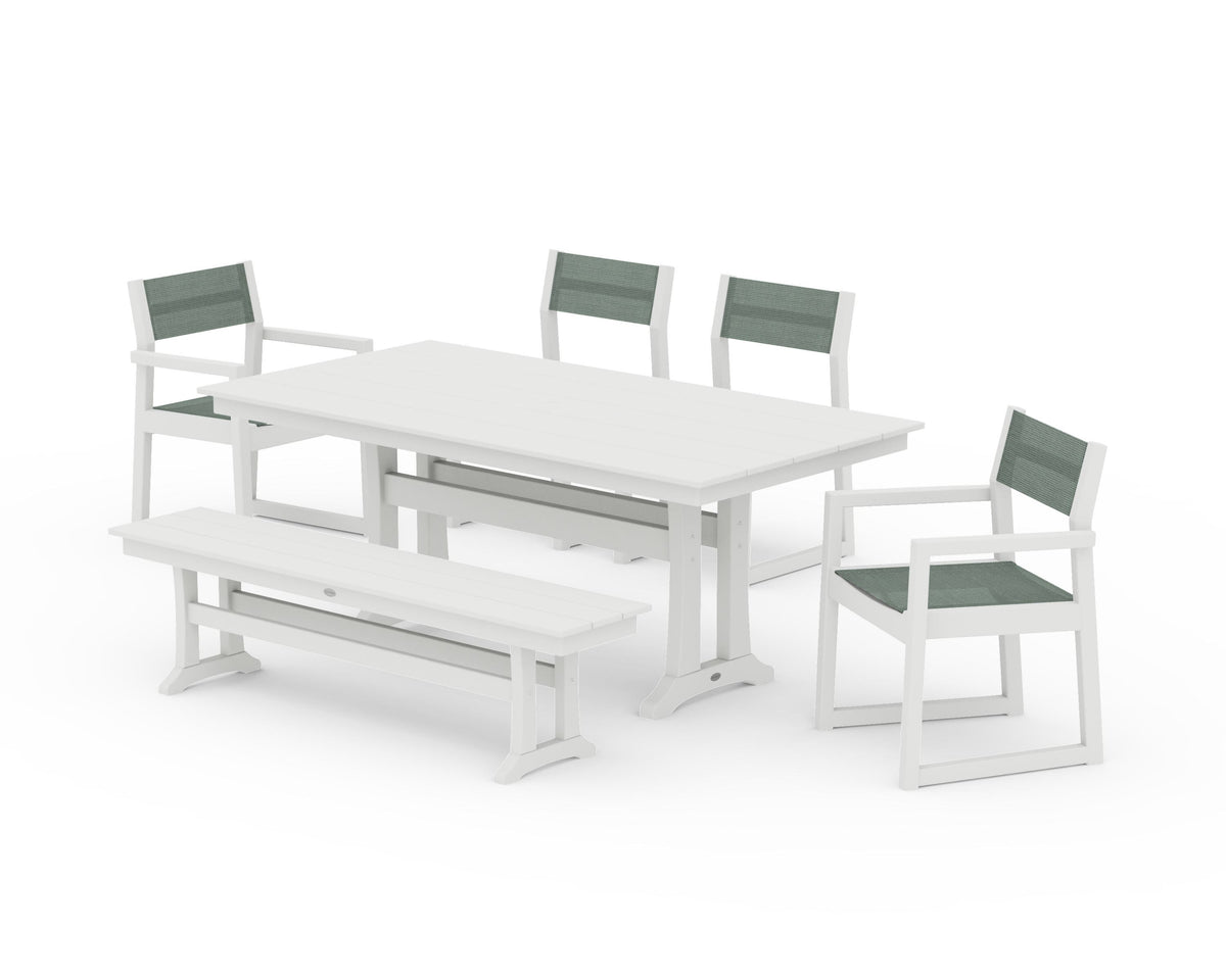 POLYWOOD EDGE Sling 6-Piece Farmhouse Dining Set With Trestle Legs in Vintage White / Dupioni Sea Mist