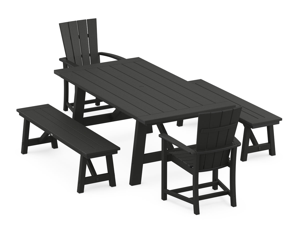 POLYWOOD Quattro 5-Piece Rustic Farmhouse Dining Set with Benches in Black