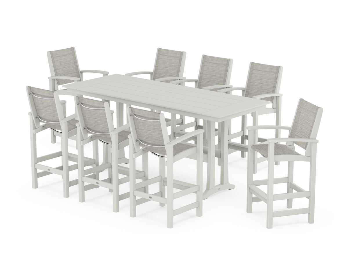 POLYWOOD Coastal 9-Piece Farmhouse Bar Set with Trestle Legs in Vintage White / Birch