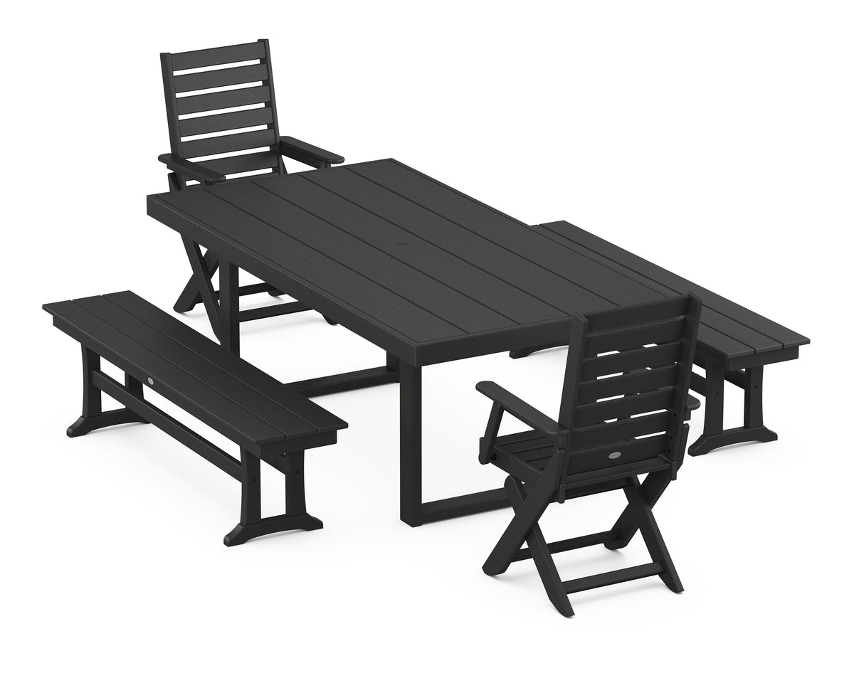 POLYWOOD Captain Folding Chair 5-Piece Dining Set with Benches - 39" x 78" Table in Black