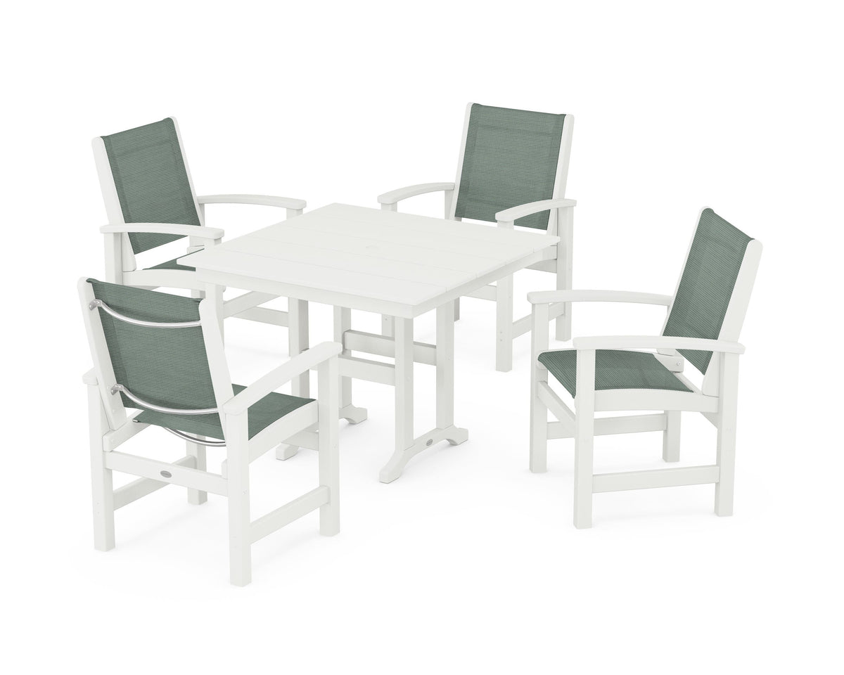 POLYWOOD Coastal 5-Piece Farmhouse Dining Set with Farmhouse 37" Dining Table in Vintage White / Dupioni Sea Mist
