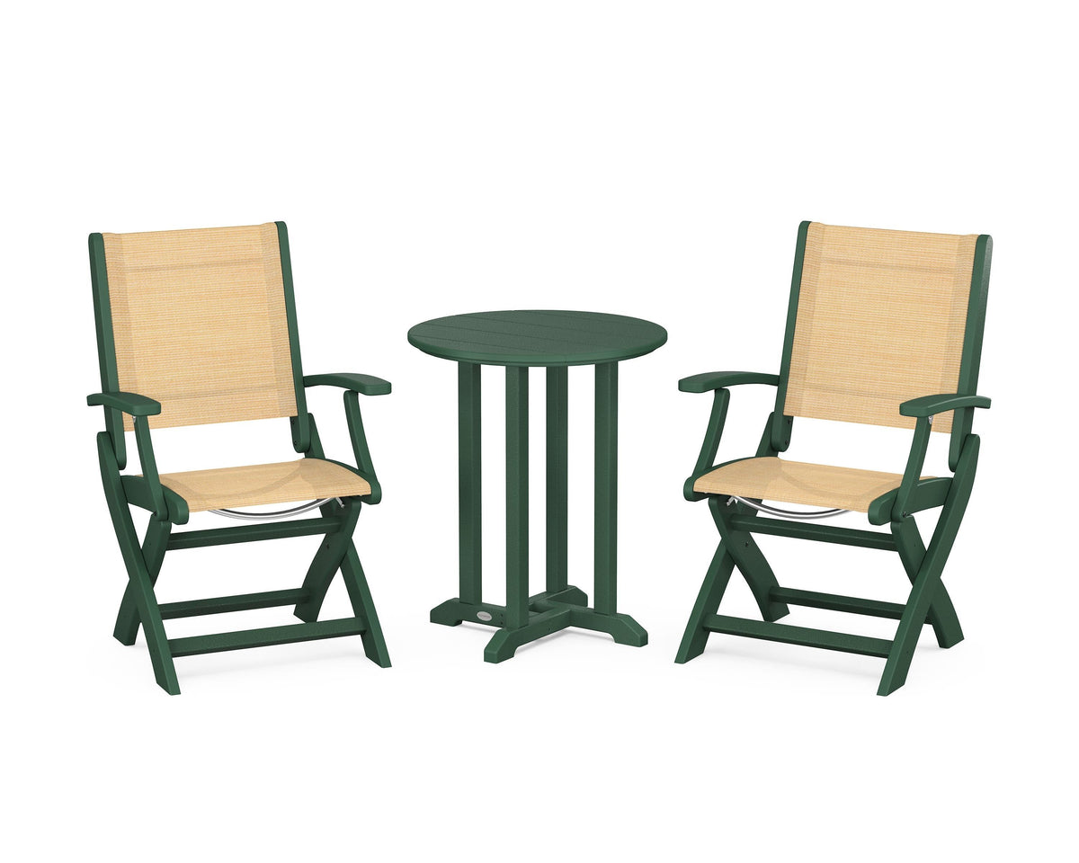 POLYWOOD Coastal Folding 3-Piece Round Bistro Dining Set in Green / Dupioni Apricot