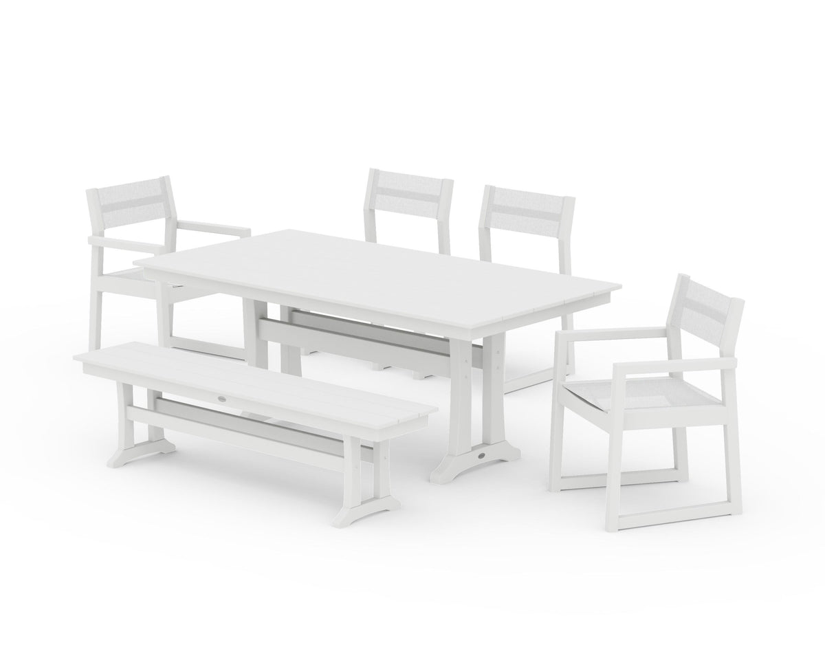 POLYWOOD EDGE Sling 6-Piece Farmhouse Dining Set With Trestle Legs in White / White