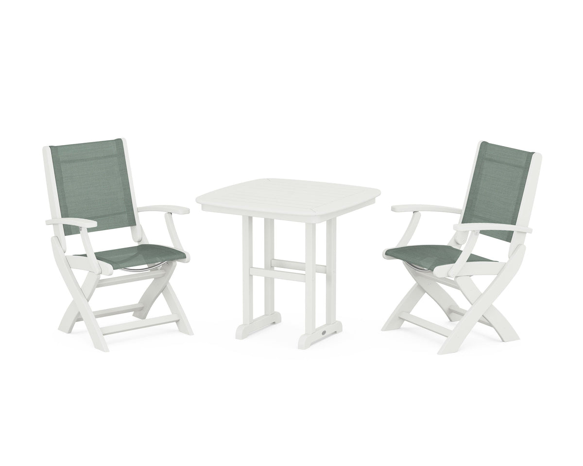 POLYWOOD Coastal Folding Chair 3-Piece Dining Set in Vintage White / Dupioni Sea Mist