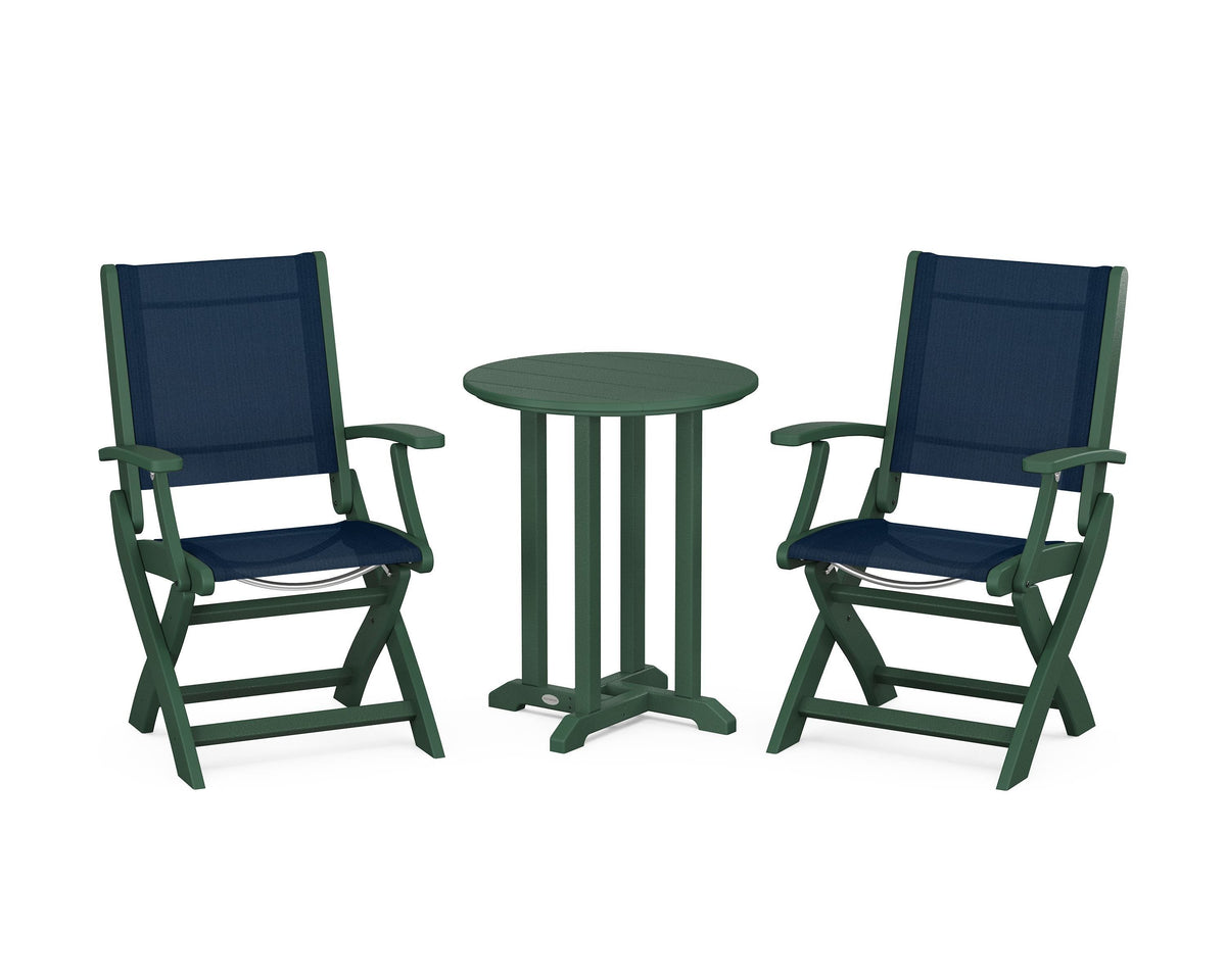 POLYWOOD Coastal Folding 3-Piece Round Bistro Dining Set in Green / Navy Blue