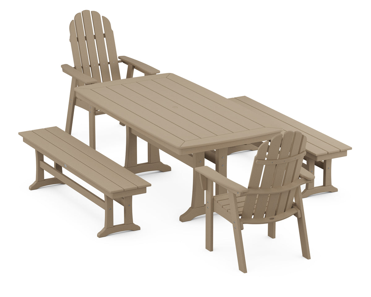 POLYWOOD Vineyard Adirondack 5-Piece Dining Set with Trestle Legs - 38" x 73" Table in Vintage Sahara