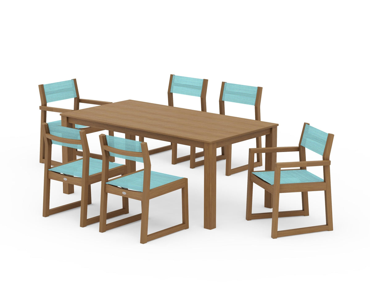 POLYWOOD EDGE Sling 7-Piece Parsons Dining Set in Natural / Dupioni Aquamarine