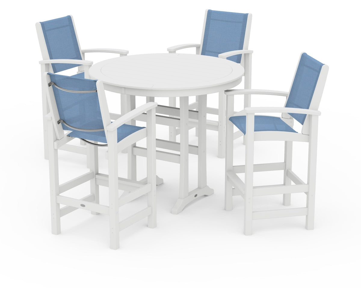 POLYWOOD Coastal 5-Piece Nautical Trestle Bar Set in White / Poolside