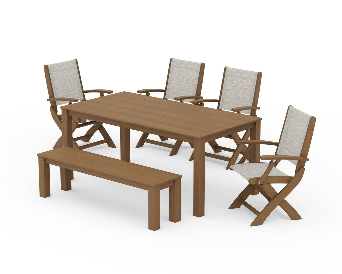 POLYWOOD Coastal Folding Chair 6-Piece Parsons Dining Set with Bench in Natural / Birch