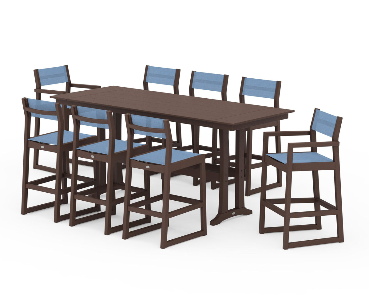 POLYWOOD EDGE Sling 9-Piece Farmhouse Bar Set with Trestle Legs in Mahogany / Poolside
