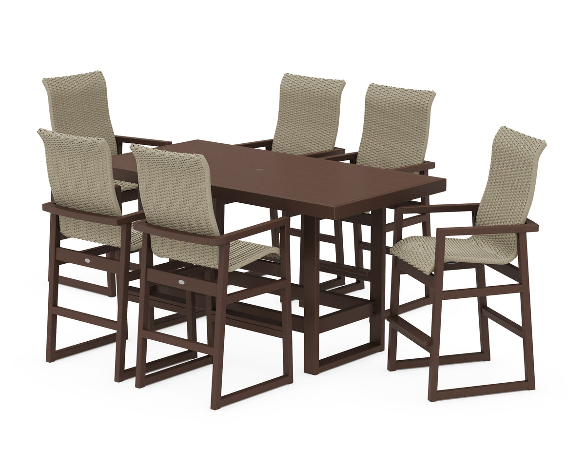 POLYWOOD EDGE Woven Highback Arm Chair 7-Piece Bar Set in Mahogany / Dune Grass