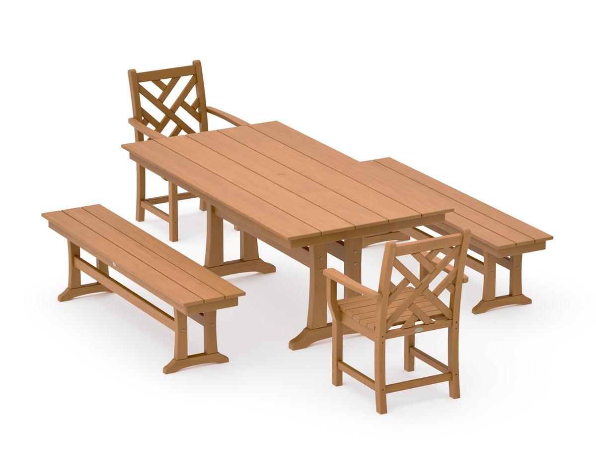 POLYWOOD Chippendale 5-Piece Farmhouse Dining Set with Trestle Legs in Natural