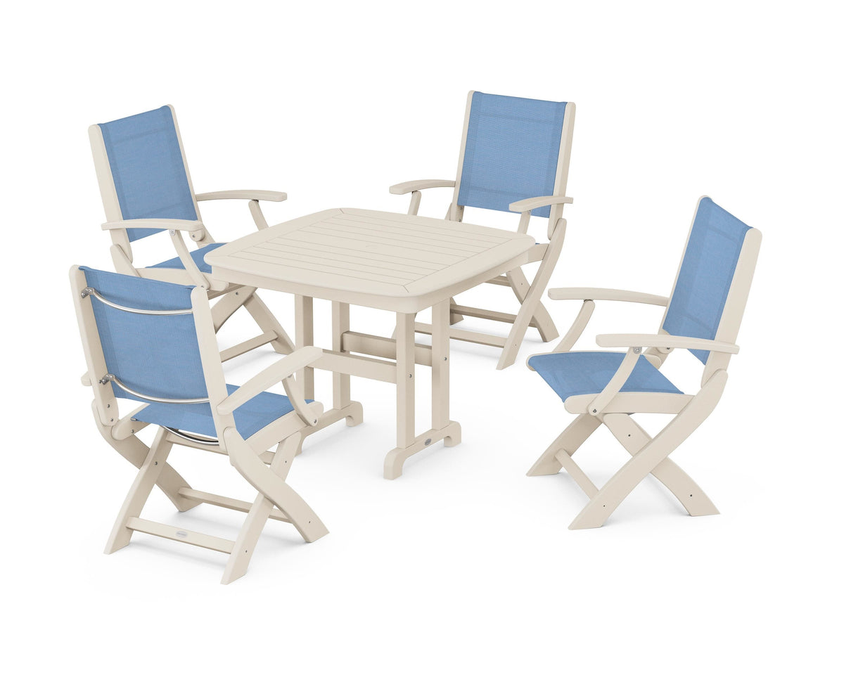 POLYWOOD Coastal Folding Chair 5-Piece Dining Set with Nautical 37" Dining Table in Sand / Poolside