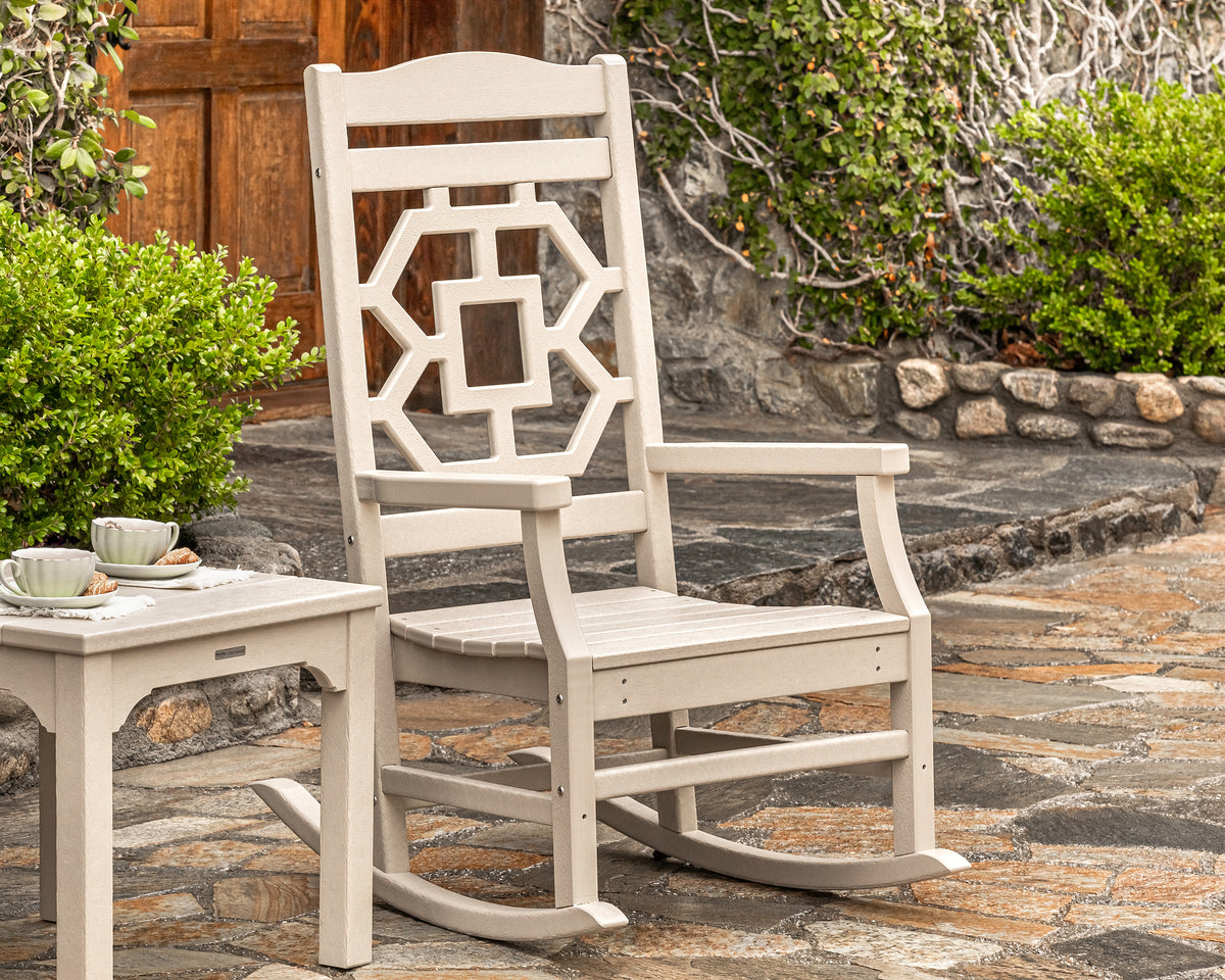 POLYWOOD Chinoiserie 3-Piece Rocking Chair Set in an outdoor setting