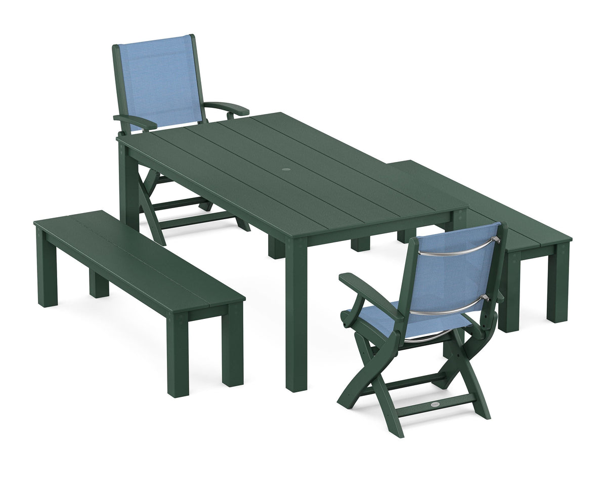 POLYWOOD Coastal Folding Chair 5-Piece Parsons Dining Set with Benches in Green / Poolside
