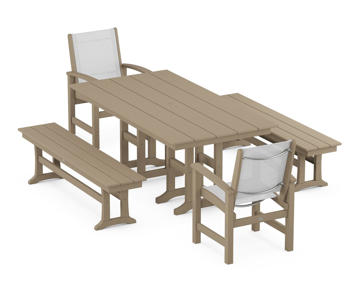 POLYWOOD Coastal 5-Piece Farmhouse Dining Set with Farmhouse 37" x 72" Dining Table in Vintage Sahara / White