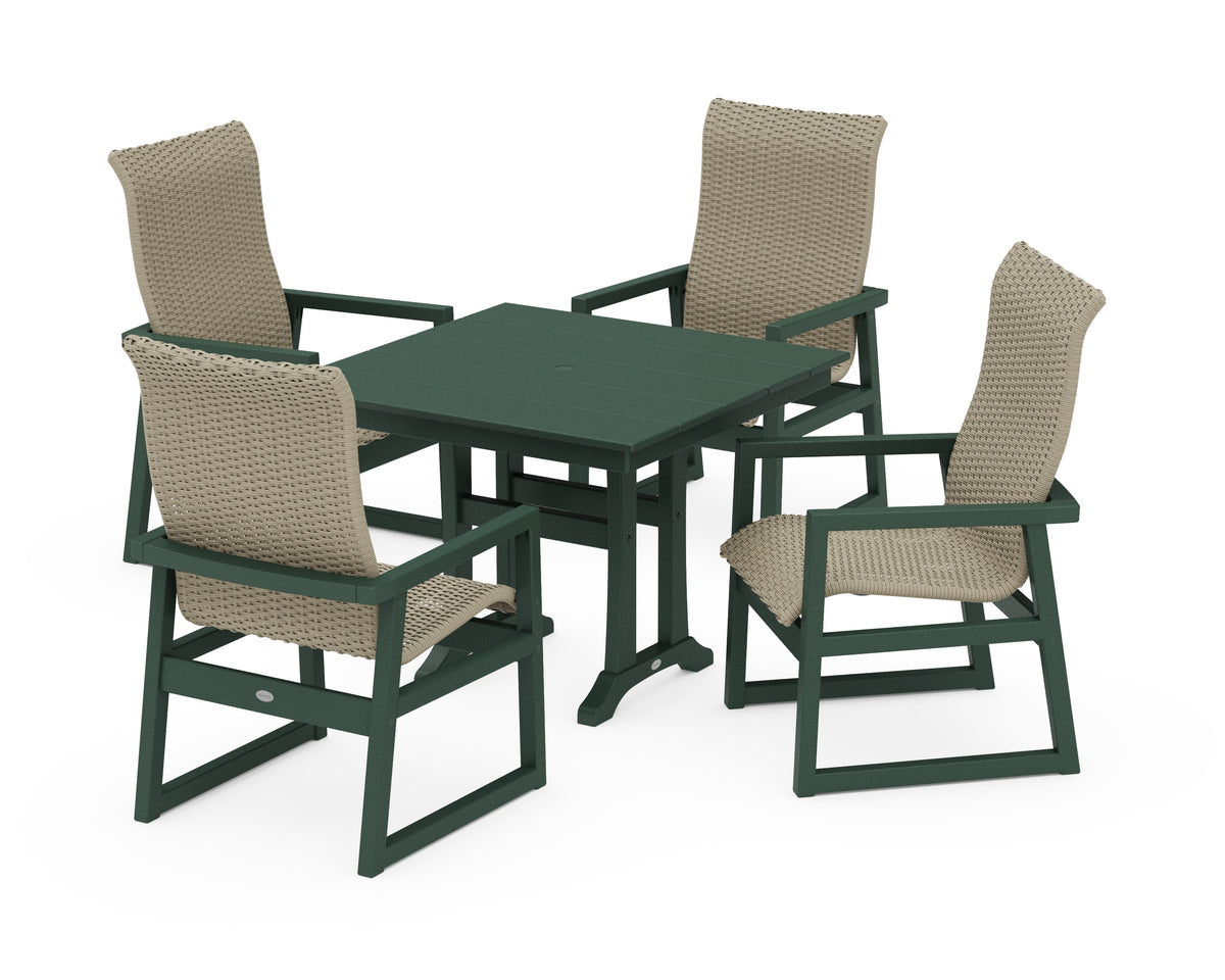 POLYWOOD EDGE Woven High-Back 5-Piece Farmhouse Dining Set with Trestle Legs in Green / Dune Grass