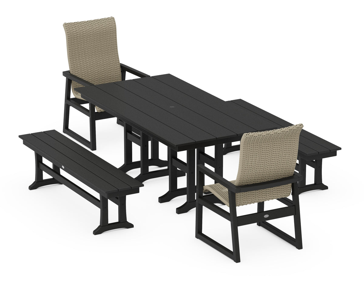 POLYWOOD EDGE Woven High-Back 5-Piece Farmhouse Dining Set with Benches in Black / Dune Grass