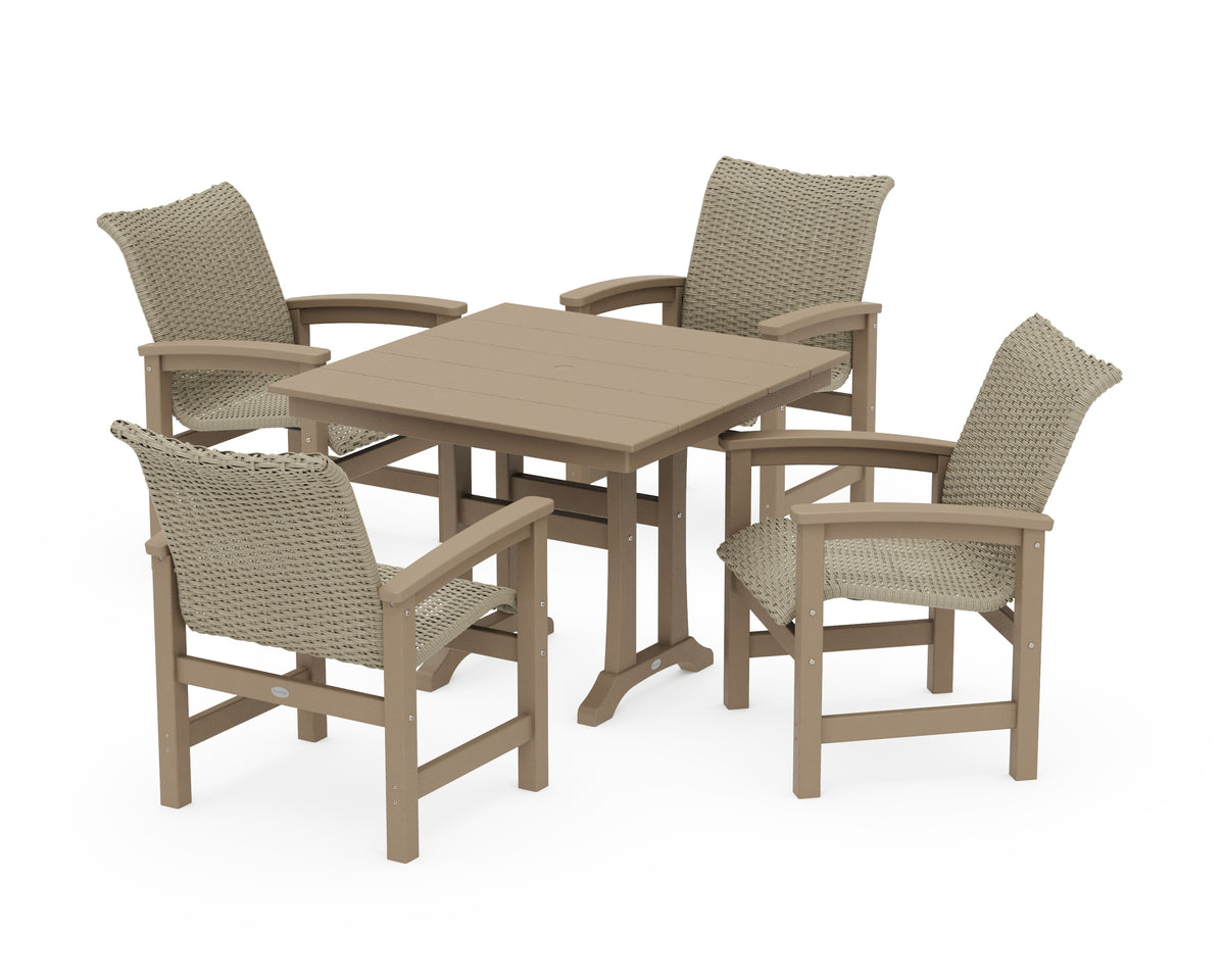 POLYWOOD Coastal Woven 5-Piece Farmhouse Dining Set with Trestle Legs in Vintage Sahara / Dune Grass