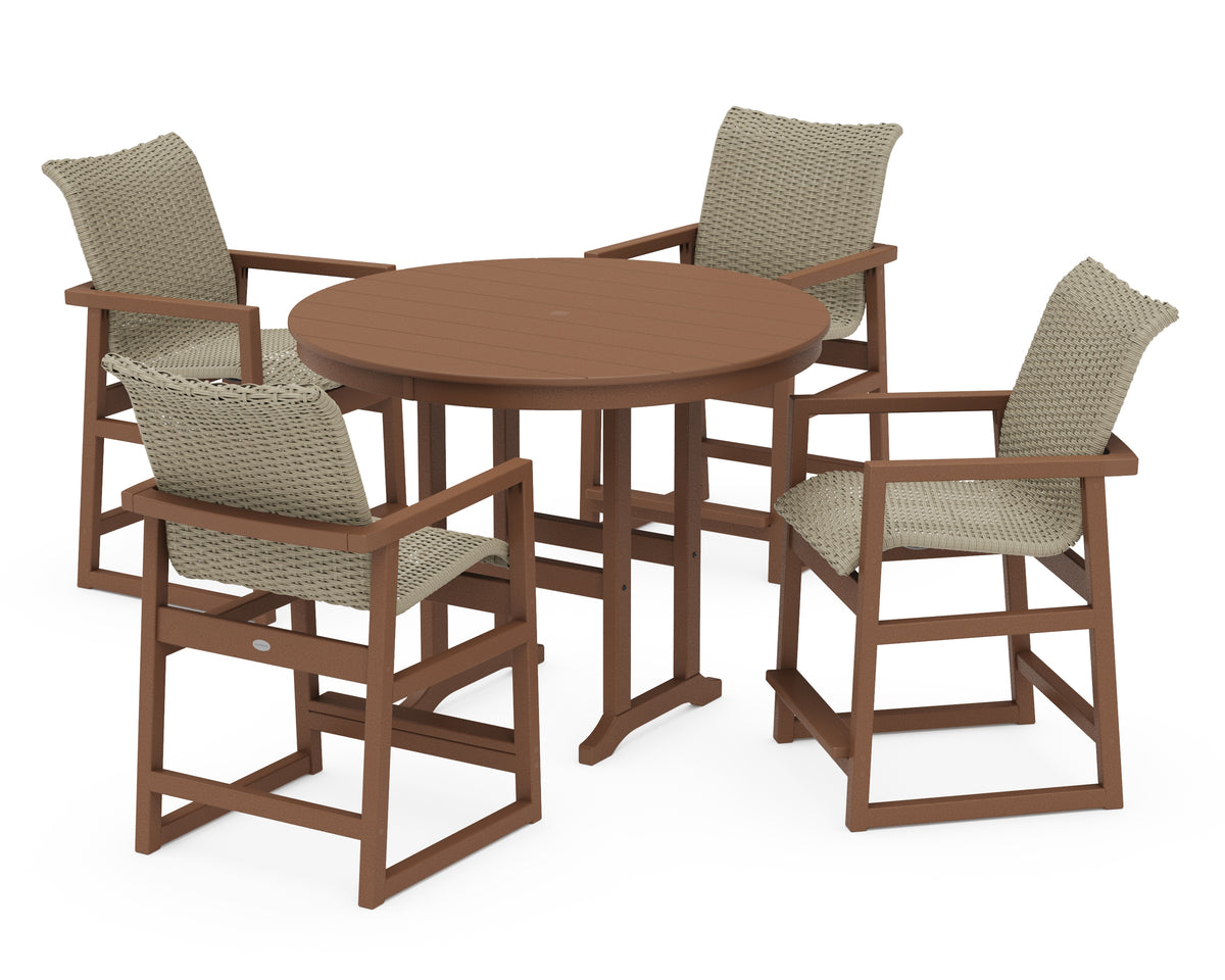 POLYWOOD EDGE Woven 5-Piece Round Farmhouse Counter Set in Teak / Dune Grass