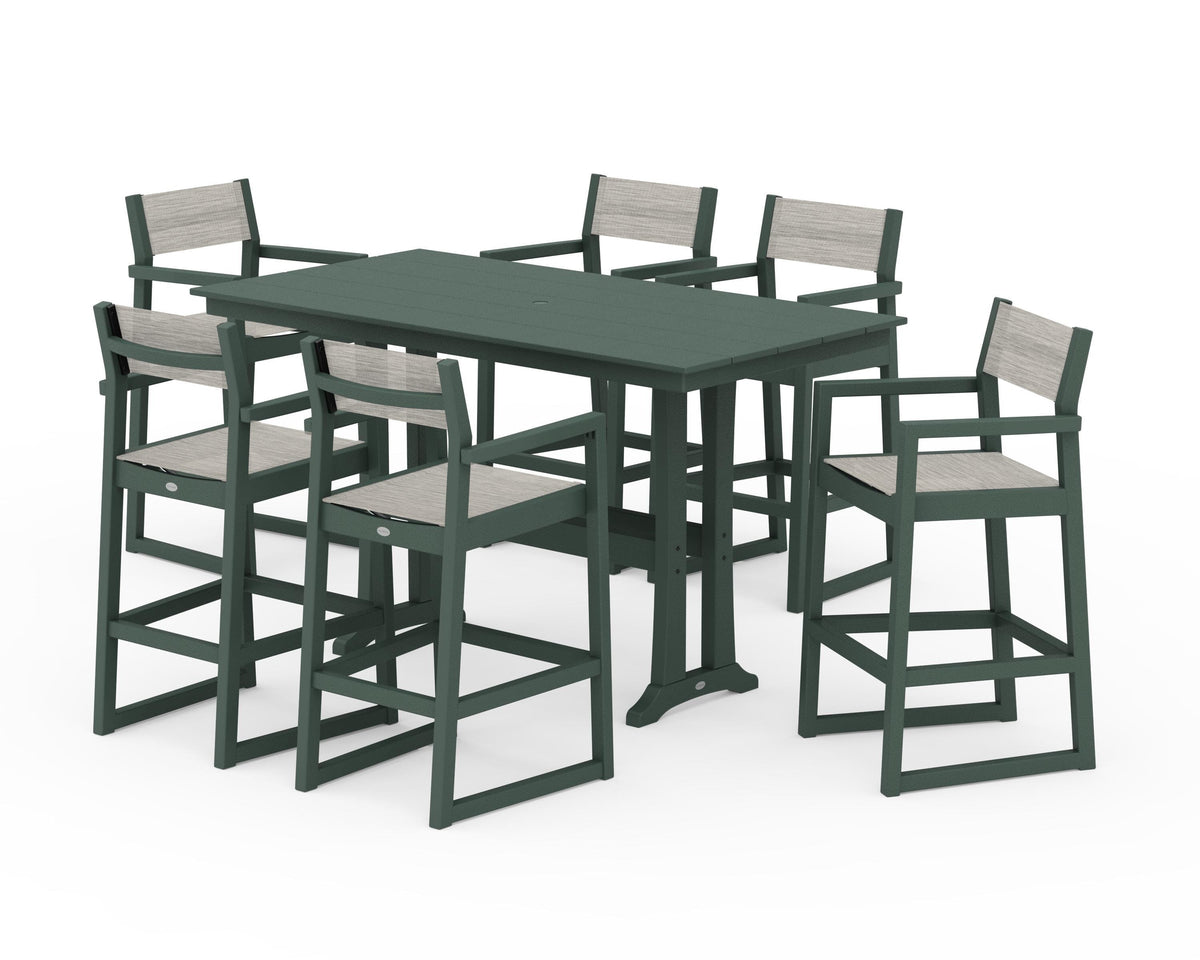 POLYWOOD EDGE Sling Arm Chair 7-Piece Farmhouse Bar Set with Trestle Legs in Green / Birch