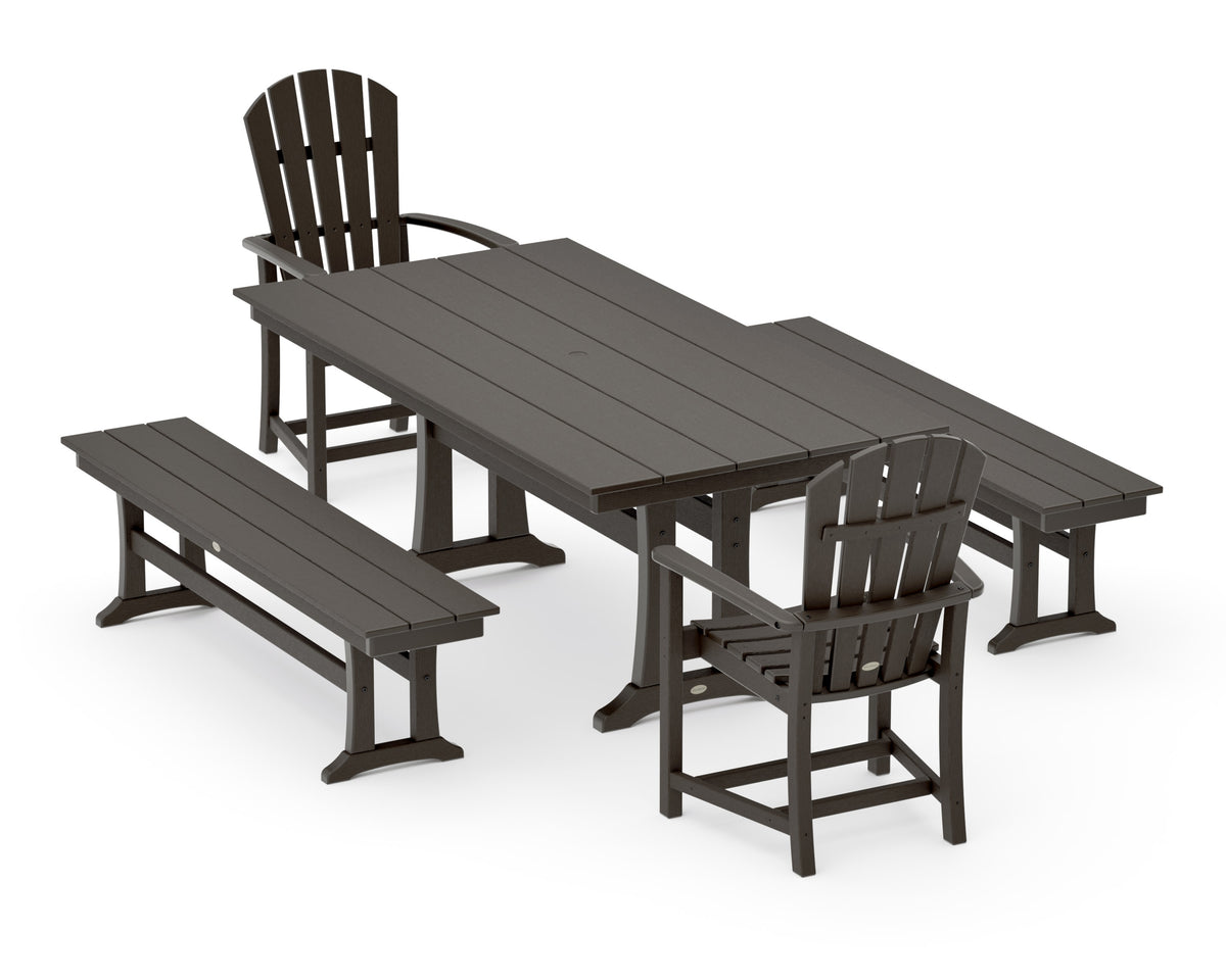 POLYWOOD Palm Coast 5-Piece Farmhouse Dining Set with Trestle Legs - 37" x 72" Table in Vintage Coffee