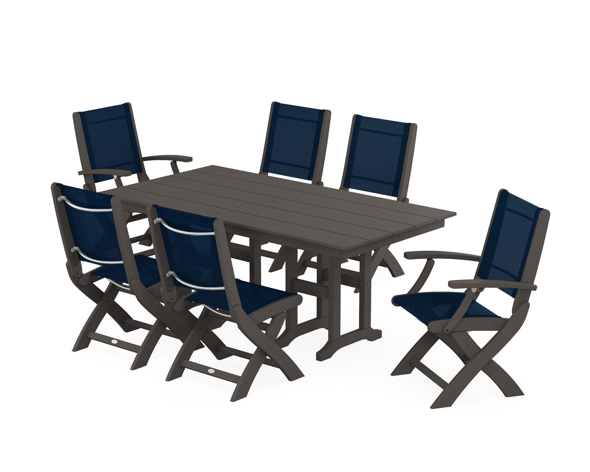 POLYWOOD Coastal Folding Chair 7-Piece Farmhouse Dining Set in Vintage Coffee / Navy Blue