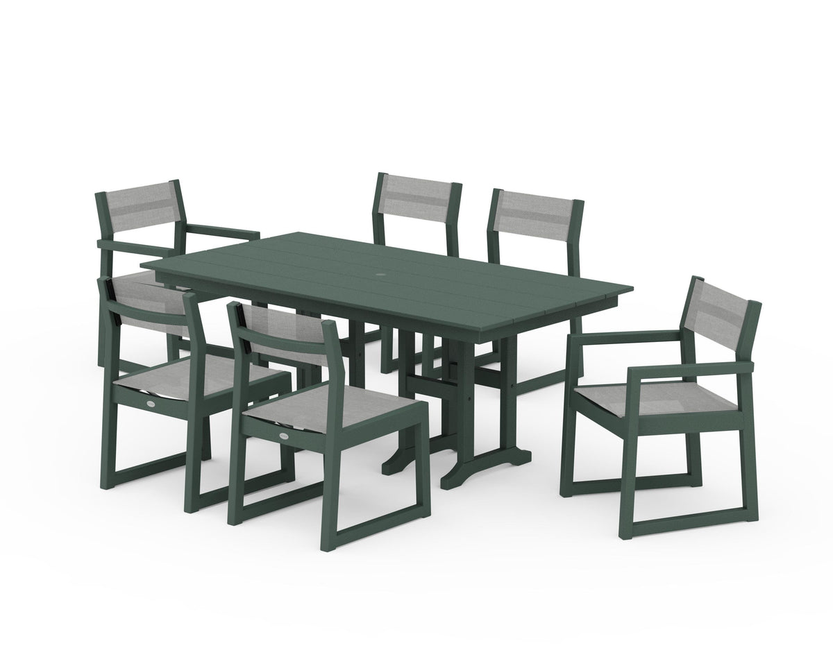 POLYWOOD EDGE Sling 7-Piece Farmhouse Dining Set in Green / Metallic