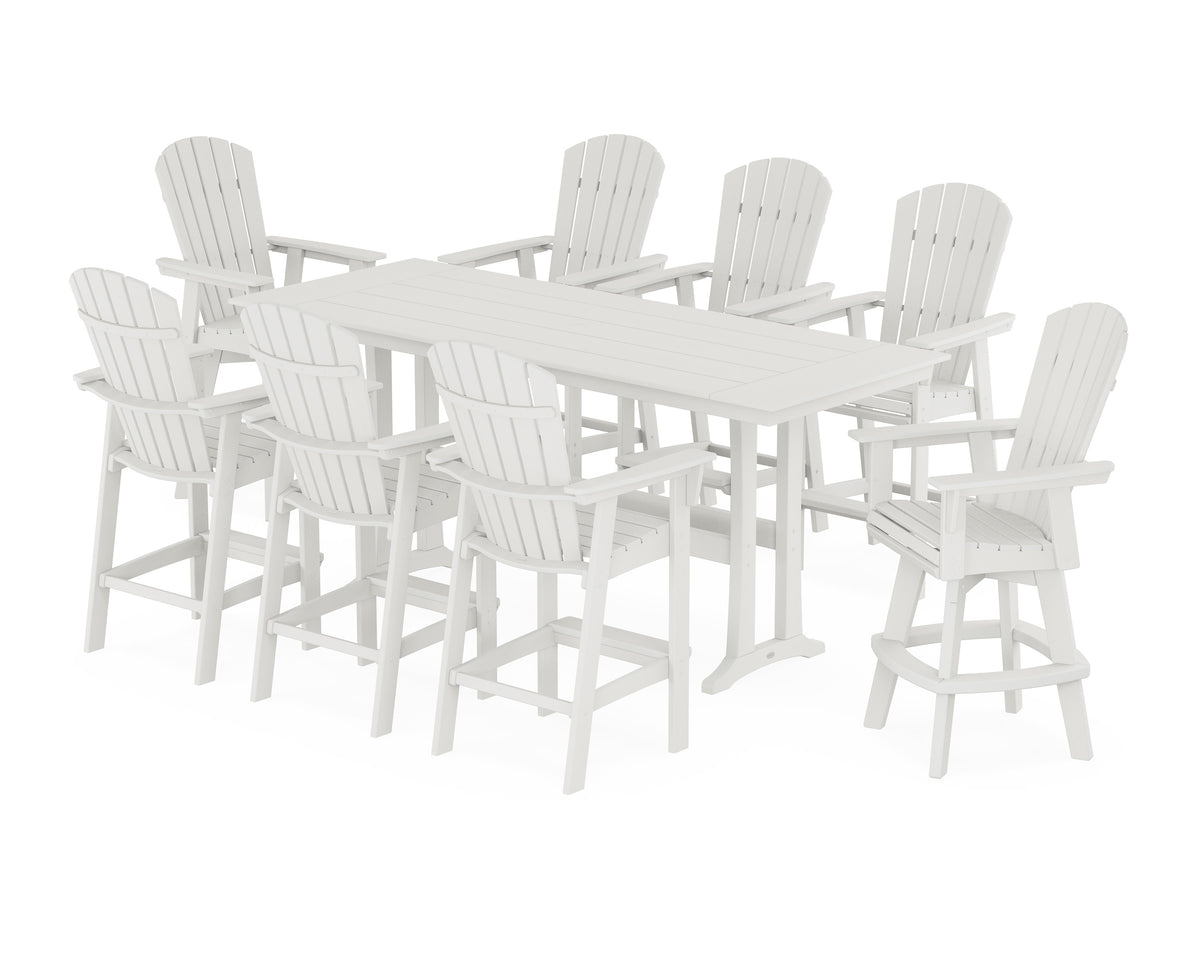 POLYWOOD Nautical Curveback Adirondack Swivel Chair 9-Piece Farmhouse Bar Set with Trestle Legs in Vintage White