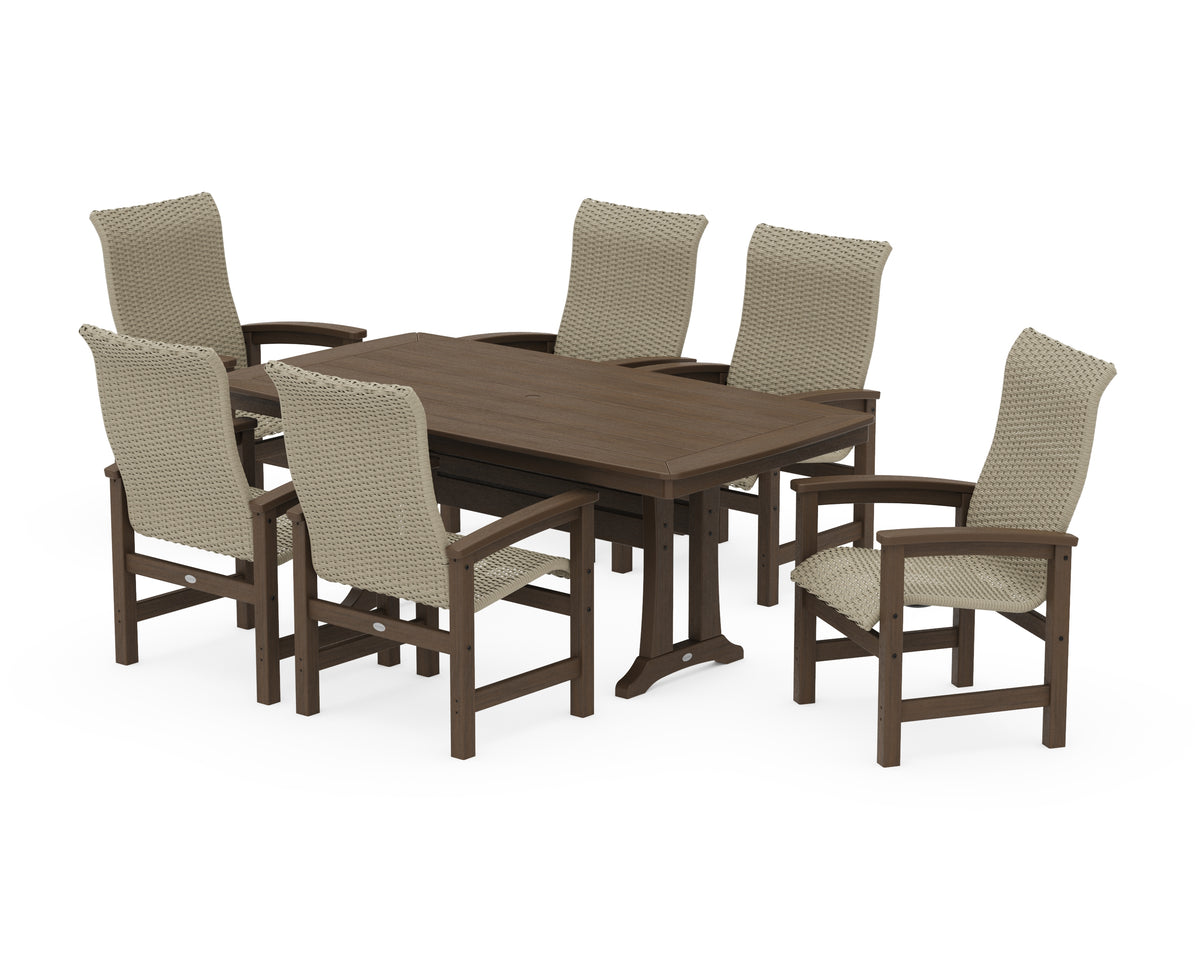 POLYWOOD Coastal Woven High-Back Arm Chair 7-Piece Dining Set with Trestle Legs in Kona / Dune Grass