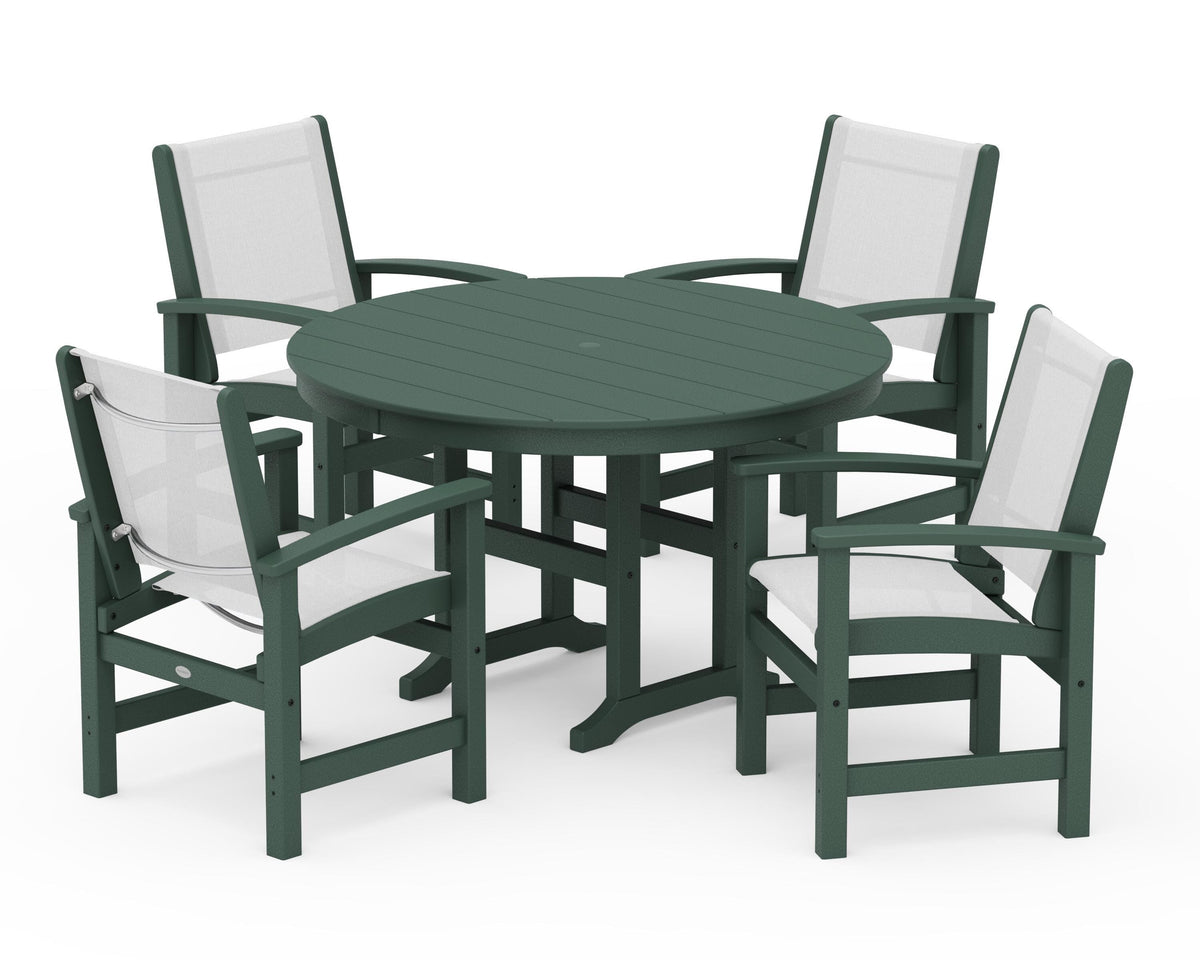POLYWOOD Coastal 5-Piece Round Farmhouse Dining Set in Green / White