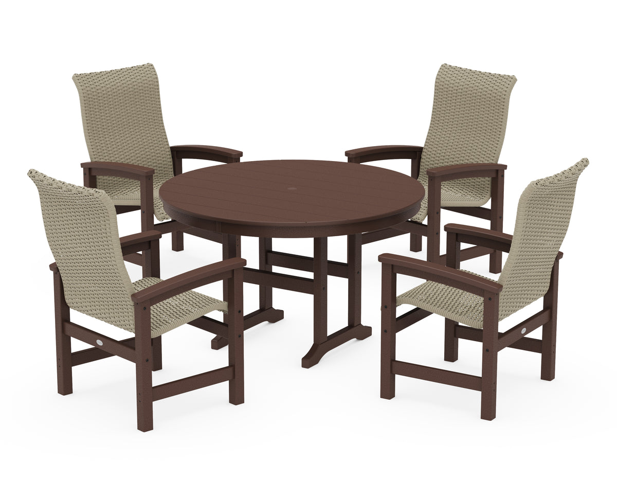 POLYWOOD Coastal Woven High-Back 5-Piece Round Farmhouse Dining Set in Mahogany / Dune Grass