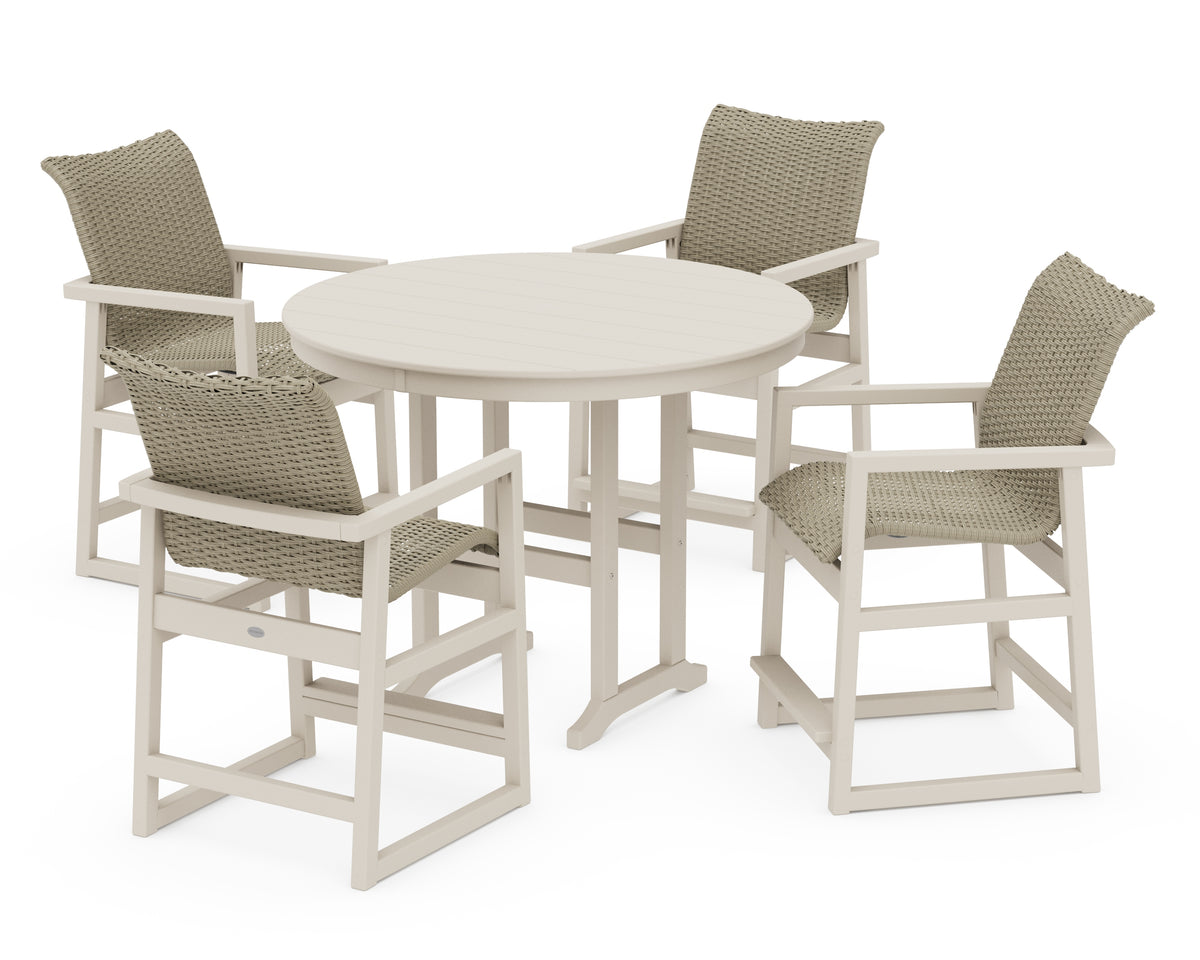 POLYWOOD EDGE Woven 5-Piece Round Farmhouse Counter Set in Sand / Dune Grass